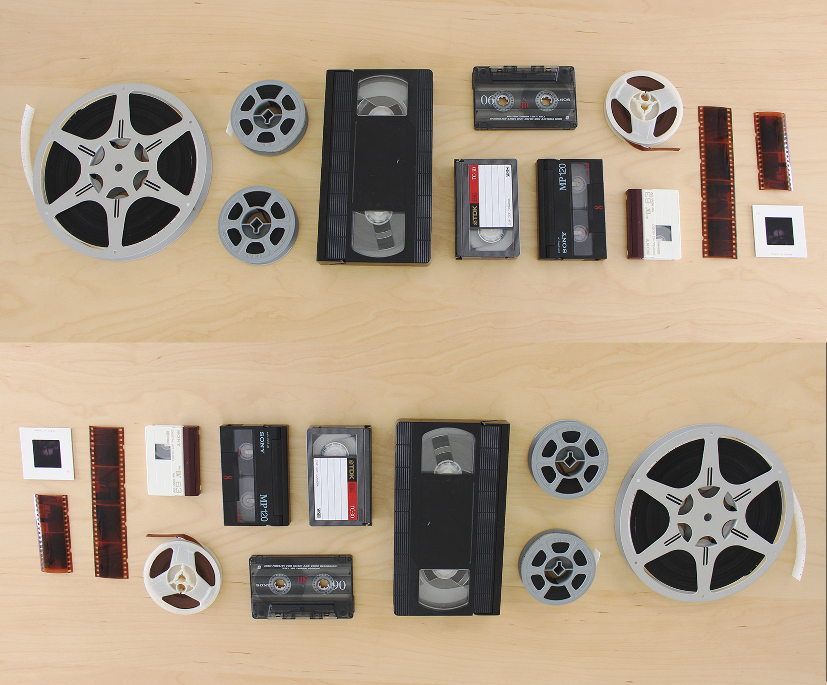 Old VHS tapes, film reels, cassettes, and slides ready to be transferred at Home Video Studio Visalia