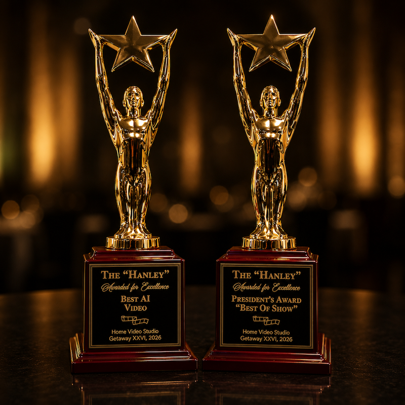 Two Hanley Award trophies: Best AI Video and President's Award Best of Show